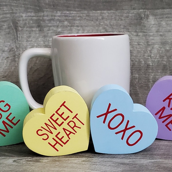 Conversation Hearts Valentines Day-Farmhouse-Wood Heart Decor-XOXO-Kiss Me-SWEET HEART-Hugs-Wood Hearts-Valentines Tier Decor