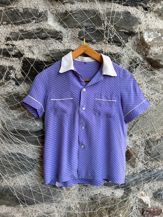 70s Italian Vintage Periwinkle Short Sleeve Butto… - image 1