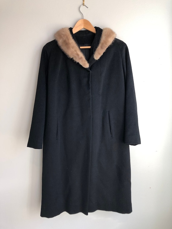 Vintage 50's Black Cashmere Fur Collar Coat