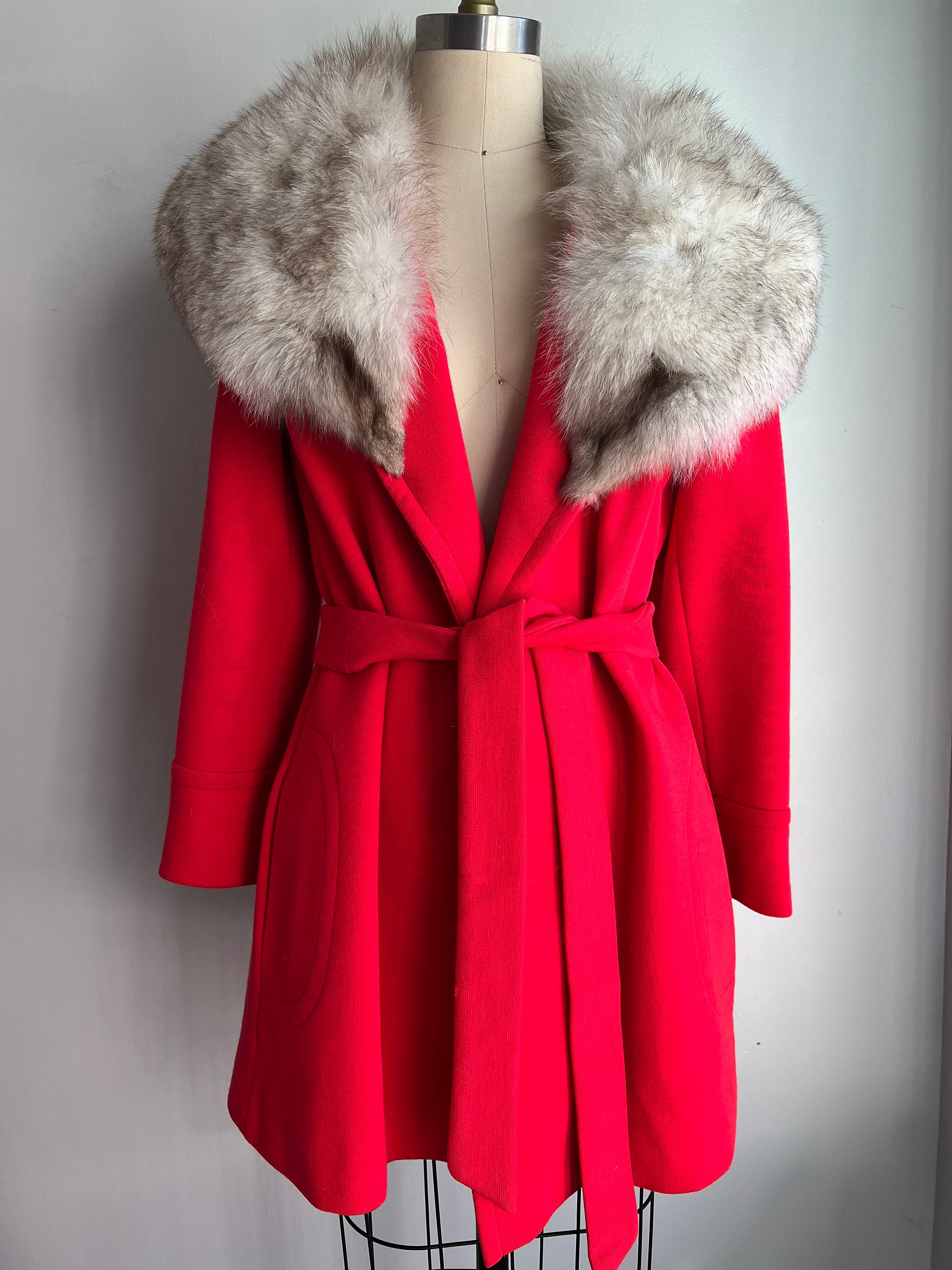 60s Union Made Fox Fur Collar Belted Red Wool Jacket Etsy