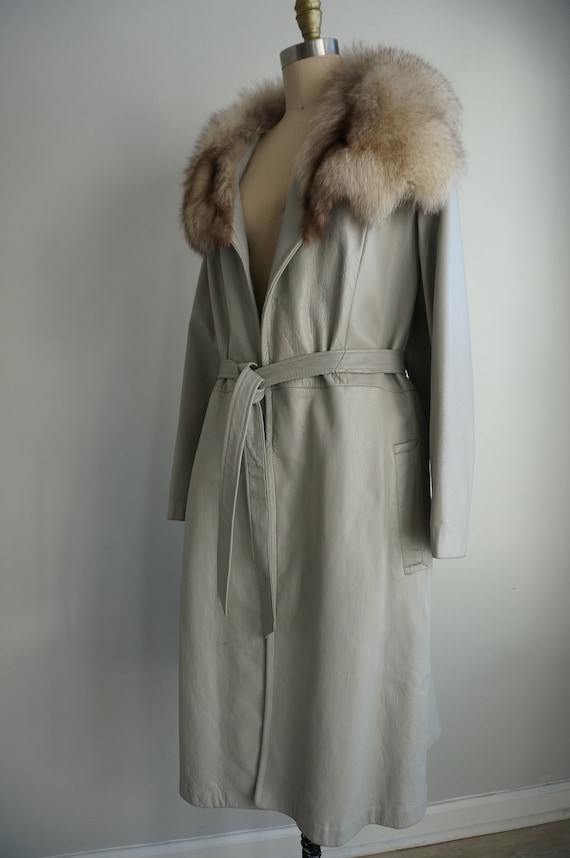 Vintage 60s Grey Leather Fox Fur Collar Trench Lar