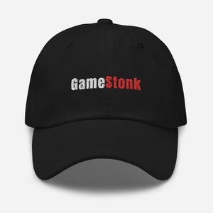 May include: Black baseball cap with white and red embroidered text that reads "Gamestock"