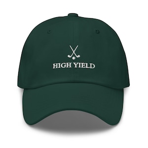May include: A dark green baseball cap with a white embroidered logo of two crossed golf clubs and the text "HIGH YIELD".
