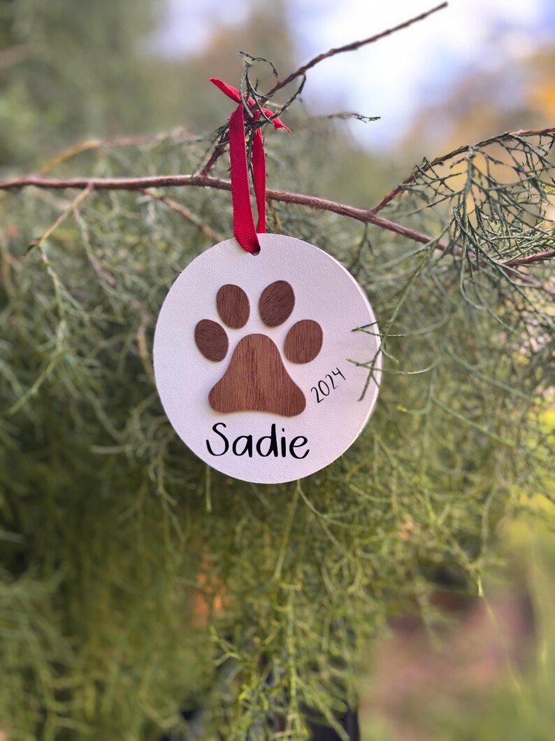 Personalized Dog Paw Print Ornament | Custom Wood Round Christmas ...