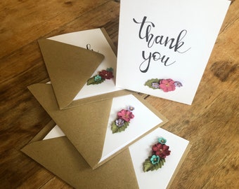 Handmade Thank You Card with Paper Flower Embellishment - Pack of 4 or Sold Individually