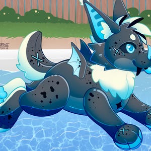 May include: A digital illustration of a fantasy creature with a dark gray body, light blue accents, and black spots. The creature has bat-like wings and is depicted in a pool of water. The artwork has a cartoonish style.