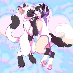 May include: An illustration of two anthropomorphic animals, one resembling a Siamese cat and the other a fox-like creature, embracing. The cat has white fur with black markings, while the fox has white, black, and purple fur. Pink hearts float around them against a pastel sky.