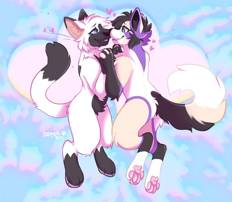 May include: An illustration of two anthropomorphic animals, one resembling a Siamese cat and the other a fox-like creature, embracing. The cat has white fur with black markings, while the fox has white, black, and purple fur. Pink hearts float around them against a pastel sky.