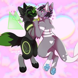 May include: Digital art of two anthropomorphic animals in a loving embrace. One is black and green with a digital interface, the other is gray with a shark-like tail and a floral crown. Pink hearts and a pastel background complete the romantic scene.
