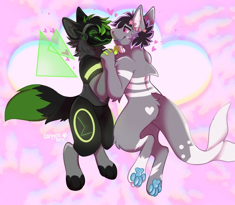 May include: Digital art of two anthropomorphic animals in a loving embrace. One is black and green with a digital interface, the other is gray with a shark-like tail and a floral crown. Pink hearts and a pastel background complete the romantic scene.