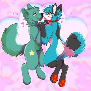 May include: Digital illustration of two anthropomorphic wolves in a loving embrace. One wolf is teal with a yellow star, the other is blue with black accents. Hearts float around them against a pink and white cloudy background.