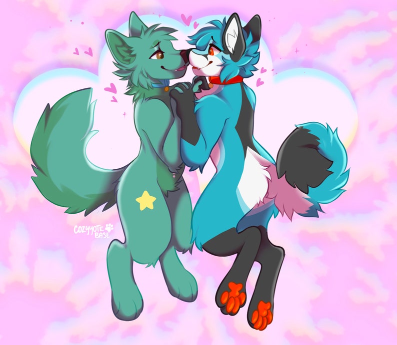 May include: Digital illustration of two anthropomorphic wolves in a loving embrace. One wolf is teal with a yellow star, the other is blue with black accents. Hearts float around them against a pink and white cloudy background.
