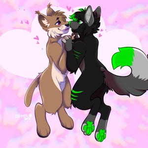 May include: Digital illustration of two anthropomorphic animals in a loving embrace. One is brown with purple eyes, the other is black with green accents. Pink hearts float around them against a pink and white background.