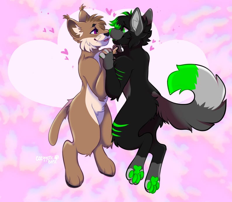 May include: Digital illustration of two anthropomorphic animals in a loving embrace. One is brown with purple eyes, the other is black with green accents. Pink hearts float around them against a pink and white background.