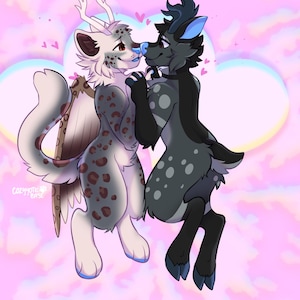 May include: An illustration of two anthropomorphic deer-like creatures in a loving embrace. One is white with brown spots and wings, the other is dark gray with blue accents. Pink hearts and a pastel background complete the romantic scene.