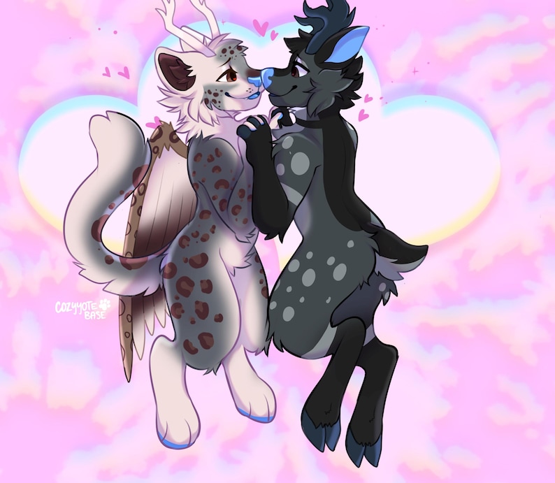 May include: An illustration of two anthropomorphic deer-like creatures in a loving embrace. One is white with brown spots and wings, the other is dark gray with blue accents. Pink hearts and a pastel background complete the romantic scene.