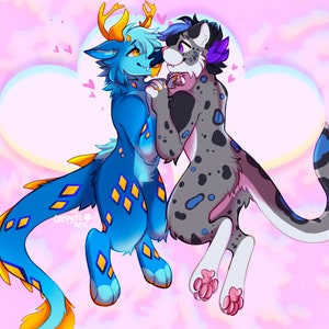 May include: Digital illustration of two anthropomorphic creatures in a loving embrace. One is blue with yellow accents, the other is gray with black spots. The background is a soft pink with heart shapes.
