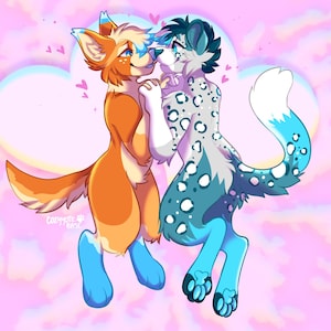 May include: An illustration of two anthropomorphic animals in a loving embrace, set against a pink and white cloudy background. One is orange with blue accents, the other is blue with white spots. Small pink hearts float around them.