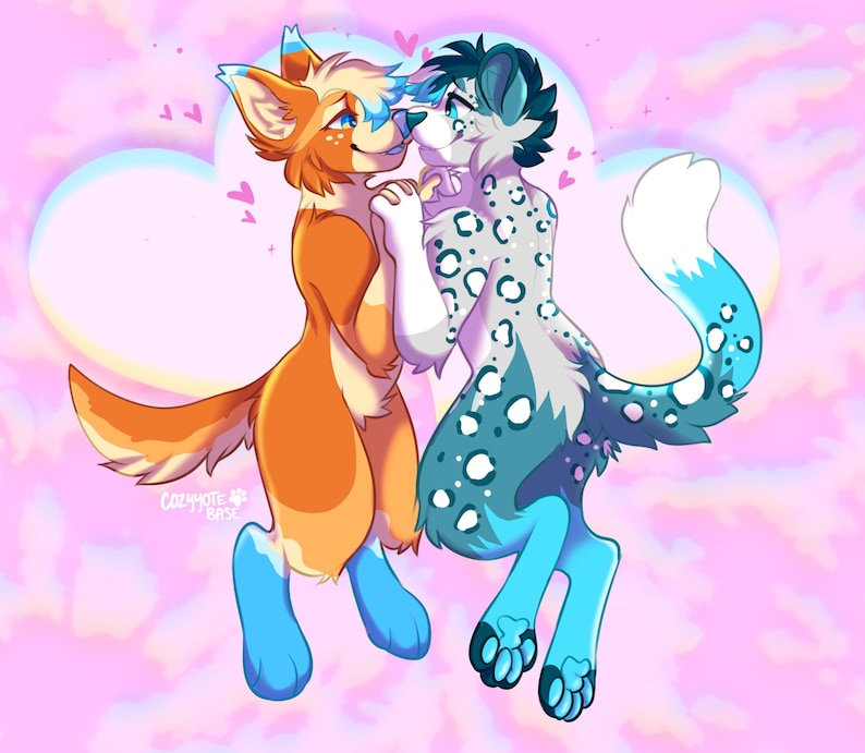 May include: An illustration of two anthropomorphic animals in a loving embrace, set against a pink and white cloudy background. One is orange with blue accents, the other is blue with white spots. Small pink hearts float around them.