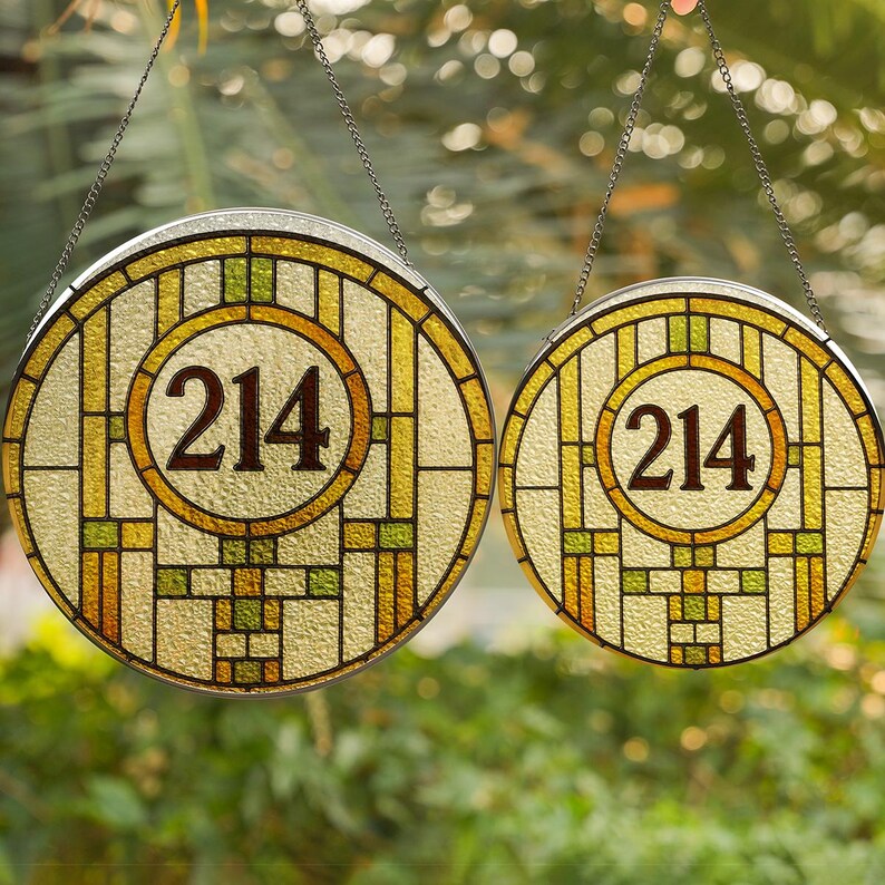 Personalized Art Deco House Number Stained Glass Suncatcher Round ...