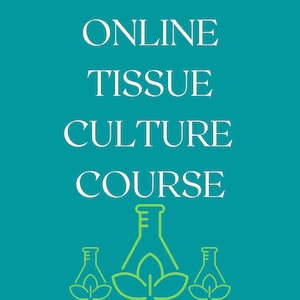 May include: A teal blue background with white text that reads "ONLINE TISSUE CULTURE COURSE". Below the text are three green line drawings of beakers with green leaves.