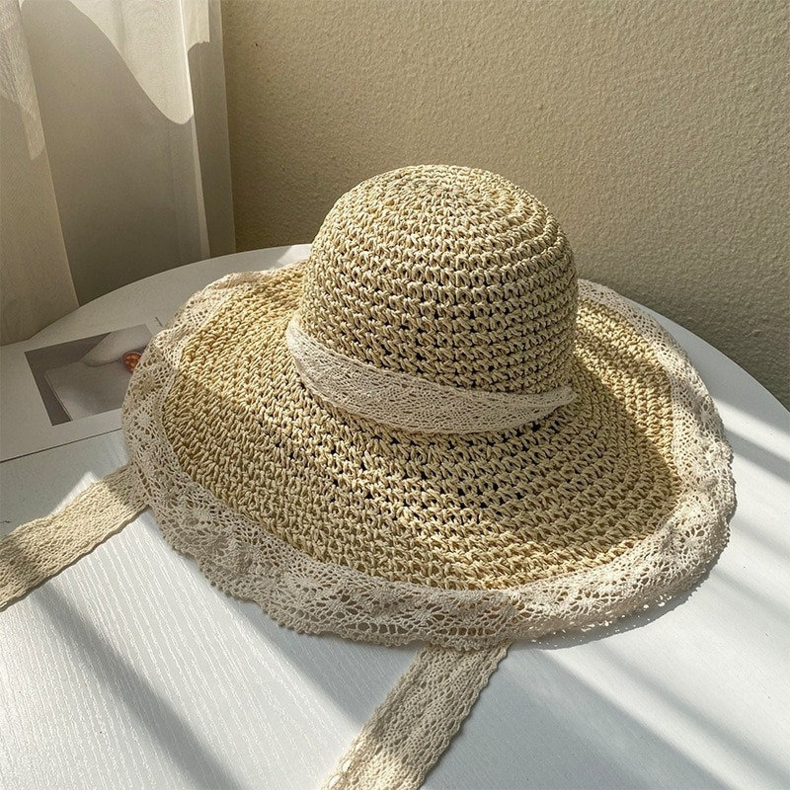 Summer Straw Hat-Lace Beach Hats-Korean Windproof Rope Travel | Etsy