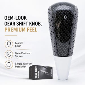 May include: A gear shift knob featuring a black carbon fiber center panel and perforated gray side panels, with a silver base. Text reads: OEM-LOOK GEAR SHIFT KNOB, PREMIUM FEEL, Leather Finish, Wear-Resistant Surface, Simple Twist-On Installation, SHIFTIN.