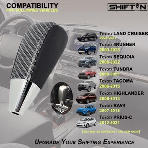 May include: A black and silver car shift knob with a carbon fiber pattern and a chrome base. The image includes a list of compatible Toyota vehicle models and the text "Upgrade Your Shifting Experience."