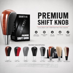 May include: A premium shift knob with a woodgrain and black finish, displayed next to its black packaging box. The image includes text reading PREMIUM SHIFT KNOB and lists features like M8 x 1.25 compatibility. Eight color variations are shown below.