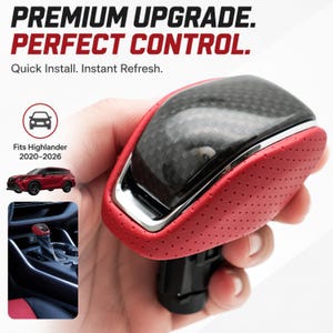May include: A gear shift knob featuring a carbon fiber pattern top, a red perforated leather-textured side, and a silver trim. Text reads: PREMIUM UPGRADE. PERFECT CONTROL. Quick Install. Instant Refresh. Fits Highlander 2020-2026.