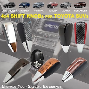 May include: A set of six different shift knobs for Toyota SUVs. The knobs are made of leather, wood, and carbon fiber. The knobs are designed to improve the shifting experience and add a touch of style to the interior of the vehicle. The knobs are labeled with the names of different Toyota SUV models: Land Cruiser, 4Runner, Sequoia, Tundra, Tacoma, and Highlander.