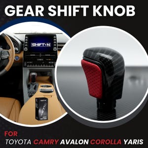 May include: A gear shift knob featuring a black carbon fiber pattern on the top and sides with a textured red leather insert on the front. The product is shown installed in a vehicle interior and in a branded box labeled SHIFTN GEAR SHIFT KNOB.