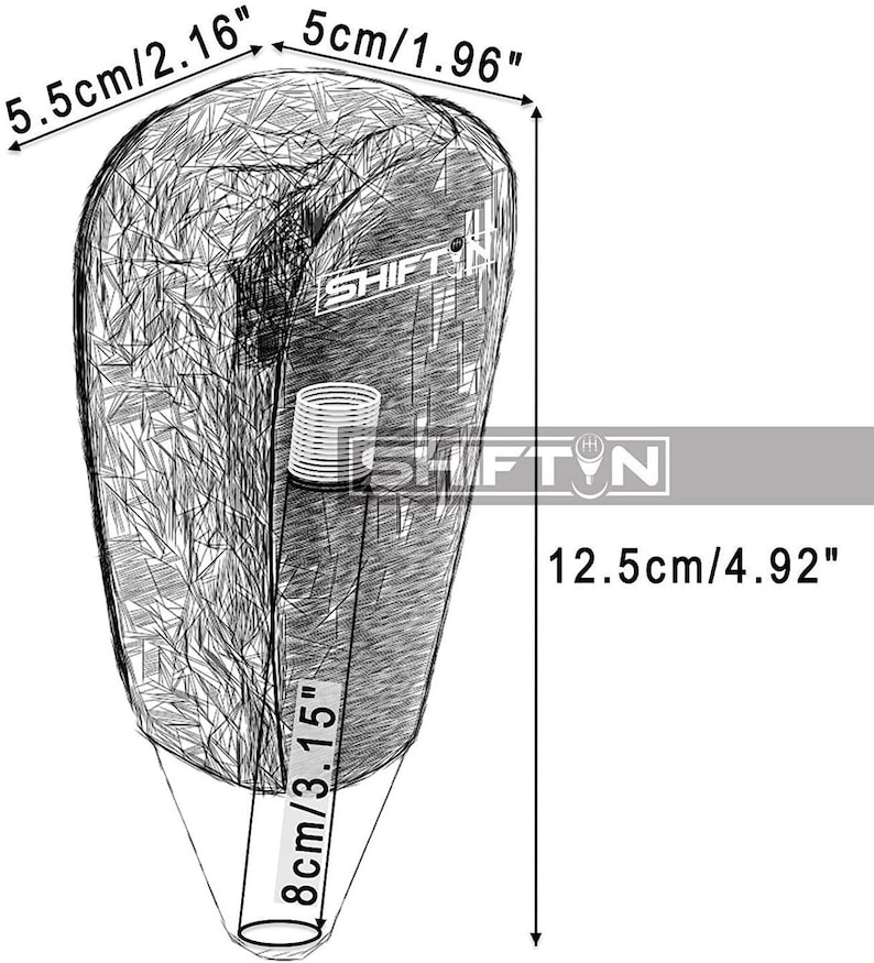 May include: A black and white illustration of a car gear shift knob with the word "SHIFTIN" printed on it. The knob is 5 inches wide and 12.5 inches tall. The knob has a threaded hole at the bottom that is 3.15 inches long.