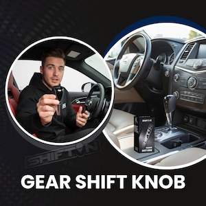 May include: A black gear shift knob held by a person in a car. The product is in a black box with the text "SHIFT-N PREMIUM SHIFT KNOB". The car interior includes a steering wheel and dashboard.