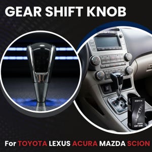 May include: A black and chrome gear shift knob with a glossy finish. The product is shown installed in a vehicle center console and in a black retail box labeled SHIFT N. Text on the image includes GEAR SHIFT KNOB and For TOYOTA LEXUS ACURA MAZDA SCION.