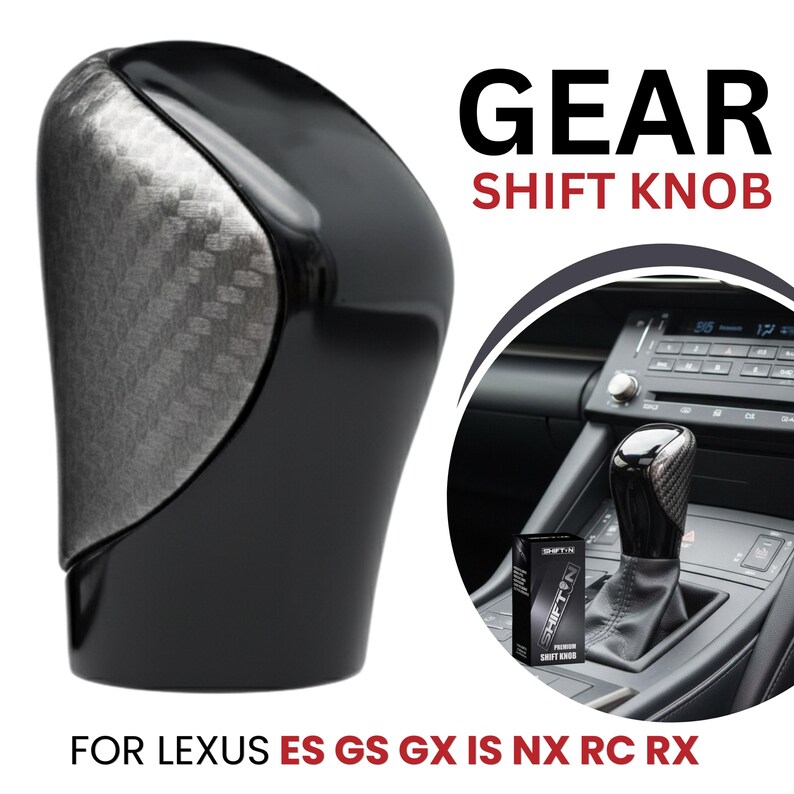 May include: A black gear shift knob with a carbon fibre pattern side panel. The text GEAR SHIFT KNOB and FOR LEXUS ES GS GX IS NX RC RX is visible. A circular inset shows the knob installed in a vehicle interior next to its product box.