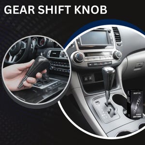 May include: Image of a gear shift knob with a carbon fiber design, shown installed in a car's interior. The text "GEAR SHIFT KNOB" is at the top of the image. A box with the text "SHIFT-N PREMIUM SHIFT KNOB" is also visible.
