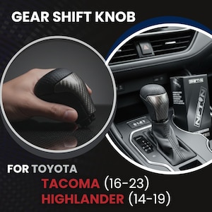 May include: A black gear shift knob with a carbon fiber pattern insert and perforated leather texture. The knob is shown installed in a vehicle console next to a box labeled SHIFTON, compatible with Toyota Tacoma 2016-2023 and Highlander 2014-2019.