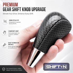 May include: A gear shift knob featuring a black carbon fiber top section and a black perforated leather grip. The base is a smooth, polished silver-tone metal. Text on the image includes PREMIUM GEAR SHIFT KNOB UPGRADE, OEM-STYLE FIT, COMFORT GRIP, EASY SCREW-ON INSTALL, and SHIFTN.