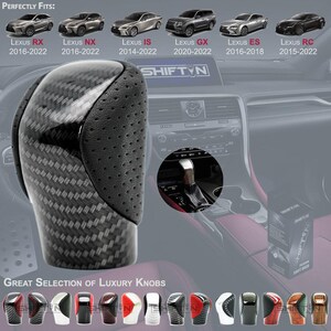 May include: A carbon fiber and black leather shift knob for Lexus vehicles. The knob has a textured carbon fiber pattern and a perforated leather top. The image also shows a variety of other shift knob designs and the text "Great Selection of Luxury Knobs."