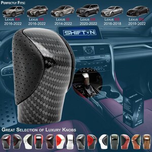 May include: A black and carbon fiber shift knob with a perforated leather top. The image shows the knob installed in a car, with the text "SHIFTIN" and "GREAT SELECTION OF LUXURY KNOBS". Compatible with Lexus models from 2014-2022.