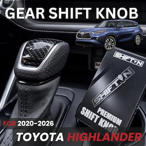 May include: A black gear shift knob with a carbon fiber top insert and perforated leather sides. The product is displayed with a box labeled SHIFTON PREMIUM SHIFT KNOB and a blue Toyota Highlander SUV. Text reads GEAR SHIFT KNOB FOR 2020-2026 TOYOTA HIGHLANDER.