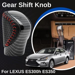 May include: A black and carbon fiber gear shift knob with red stitching. The image includes a silver Lexus ES300h ES350 car and the text "Gear Shift Knob" and "For LEXUS ES300h ES350".
