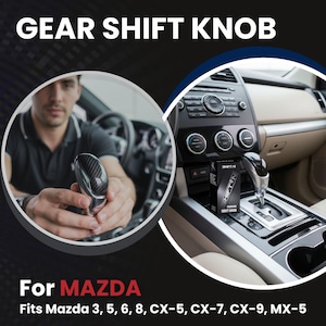 May include: A carbon fiber gear shift knob for Mazda vehicles. The image shows the product in a car interior, with the text "GEAR SHIFT KNOB" at the top. The text "For MAZDA" and compatible models are listed below.