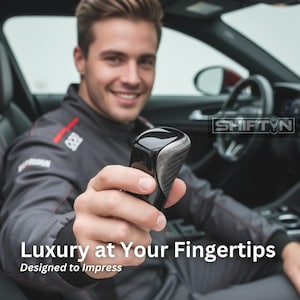 May include: A black and silver car gear shift knob with a carbon fiber design. The text "Luxury at Your Fingertips" and "Designed to Impress" are displayed at the bottom of the image. The logo "SHIFT ON" is in the top right corner.