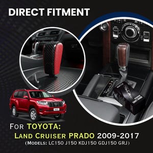 May include: Image of a red Toyota Land Cruiser Prado SUV with a black and red shift knob. The text reads "DIRECT FITMENT" and "FOR TOYOTA: LAND CRUISER PRADO 2009-2017". The shift knob is shown in a car interior.