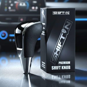 May include: A black and silver premium shift knob with a textured grip and a shiny chrome base. The product is displayed next to its black box, which has the brand name "SHIFT N" in silver lettering and the words "PREMIUM SHIFT KNOB".