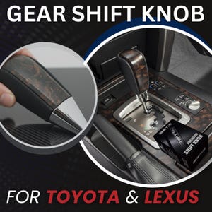 May include: A gear shift knob for Toyota and Lexus vehicles featuring a dark brown wood grain top, black textured sides, and a polished silver base. The product is shown installed in a vehicle console and inside a black box labeled SHIFT N.