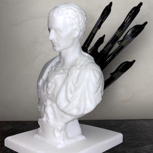 May include: A white bust of a Roman emperor with black pens inserted in the back. The bust is on a square white base. The pens are black with the text "Pilot G2" visible on one.