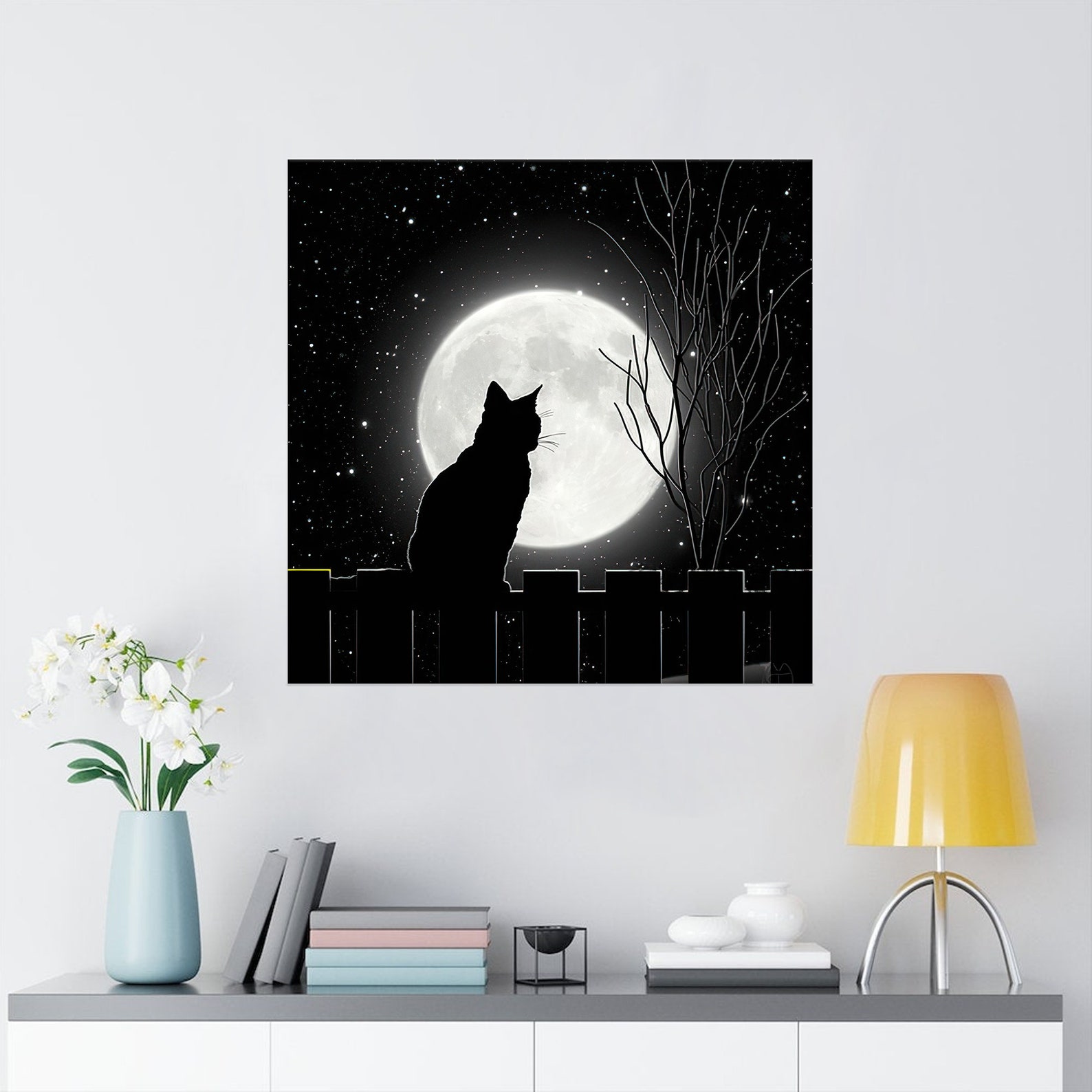 Silent Night Black Cat Looking At The Moon Canvas Print | Etsy